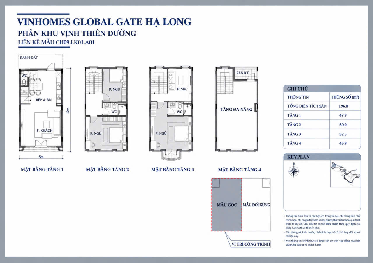 Mặt bằng các tầng liền kề mẫu Vịnh Thiên Đường - Vinhomes Global Gate Hạ Long